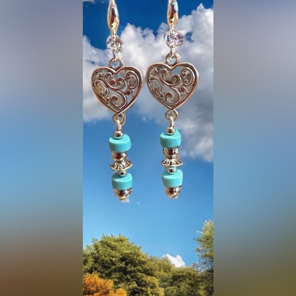 Filigree Heart & Turquoise  Earrings-Silver Tone - Picture 1 of 5